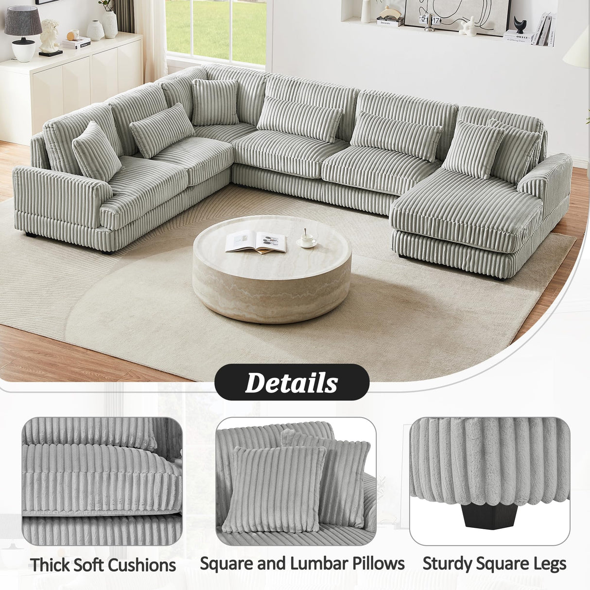 Oversized U-Shaped Sectional Sofa Modern Living Room Couch Upholstered in Soft Corduroy with a Chaise Lounge Merax
