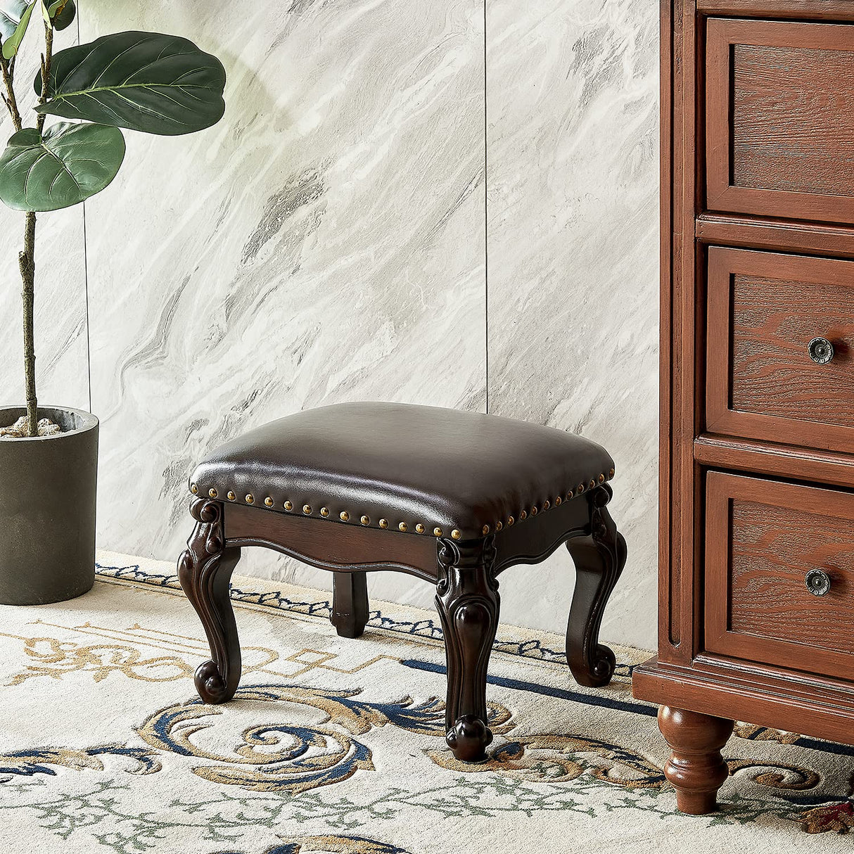 LKZ Foot Stool Microfiber Leather Ottoman Wooden Vintage Stool Small Sofa Stool Footrest Stool for Living Room Bedroom (Black-Brown) LKZ