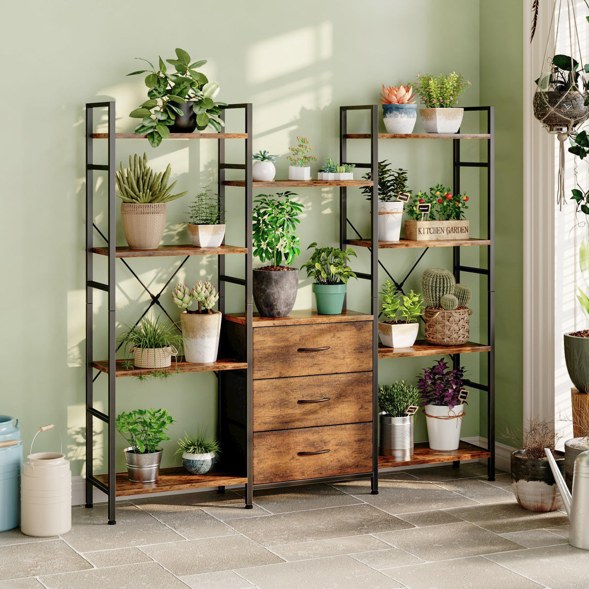 AFLUI Triple Bookshelf with 3 Fabric Drawers, 4-Tier Book Shelf and 10 Display Shelves, Industrial Large Bookcase for Home & Office, Rustic Brown, 59'' Wide AFLUI