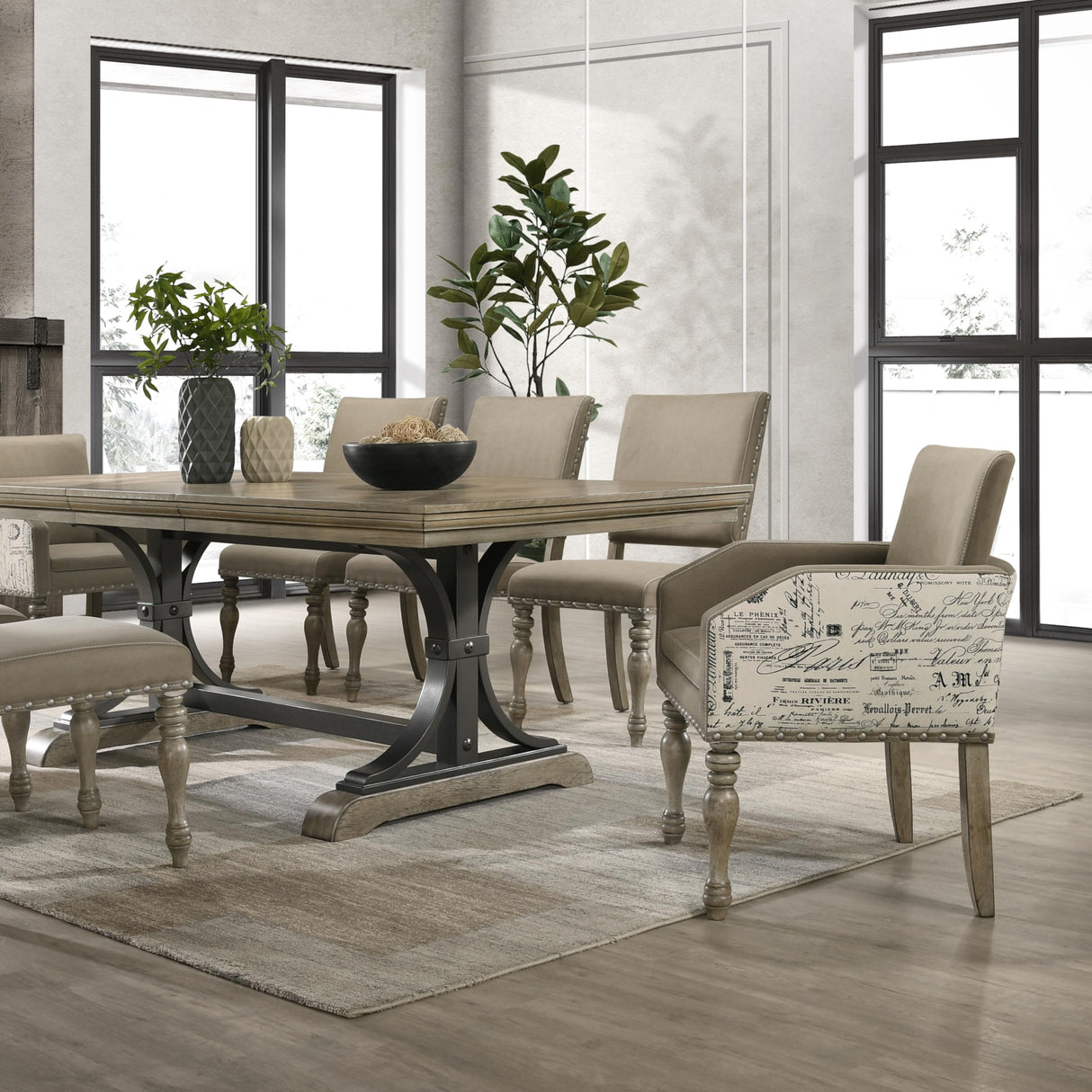 Roundhill Furniture Birmingham 8-Piece Dining Set: Extendable Table with 4 Side Chairs, 2 Armchairs, and a Nailhead Bench, Driftwood Finish Roundhill Furniture