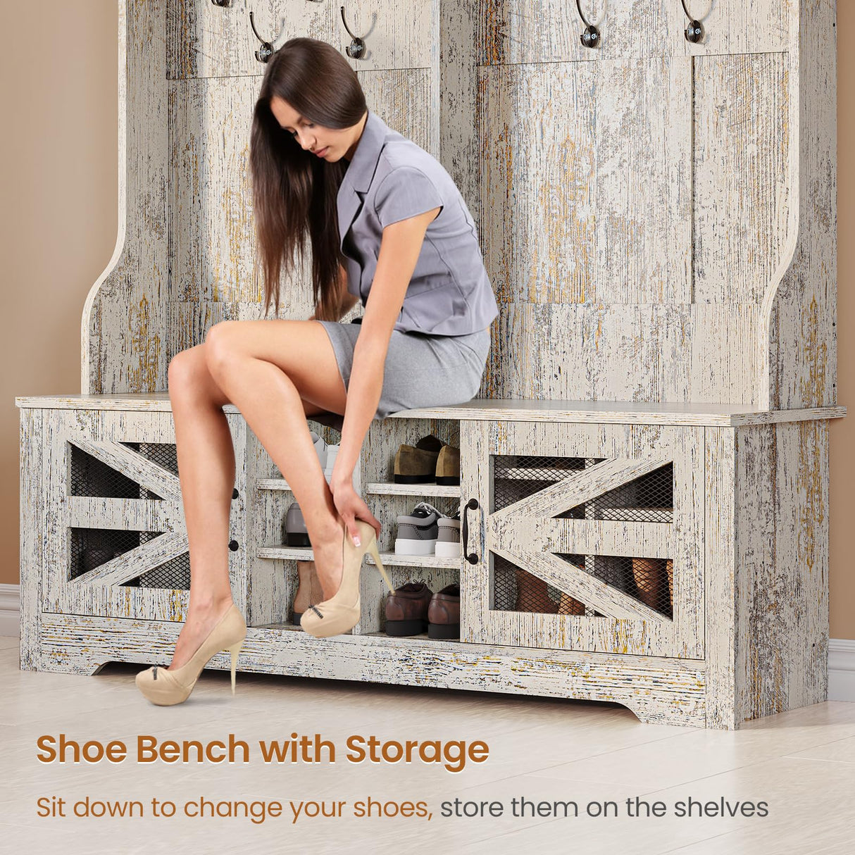 Itaar Hall Tree with Bench and Shoe Storage, 5-in-1 Entryway Bench with Coat Rack, 16 Shoe Cubbies & 12 Coat Hooks, Barn Door & Adjustable Shelf (Vintage White) Itaar