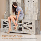 Itaar Hall Tree with Bench and Shoe Storage, 5-in-1 Entryway Bench with Coat Rack, 16 Shoe Cubbies & 12 Coat Hooks, Barn Door & Adjustable Shelf (Vintage White) Itaar