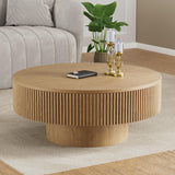 YOUDENOVA 31.5” Round Fluted Coffee Table, Modern Wood Circle Coffee Table, Veneer Handcrafted Relief Tea Table with Sturdy Pedestal for Living Room - Nature YOUDENOVA