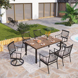 PHI VILLA 7 Pieces Outdoor Dining Set for 6, 65” Wood-Like Metal Rectangle Dining Table & Swivel Chairs with Cushions, Large Modern Dining Furniture Set for Patio, Deck, Porch, Backyard PHI VILLA