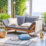 Greesum Patio Convertible Couch Sofa Bed with Adjustable Armrest, Acacia Wood Outdoor Daybed with Cushion & Pillow, Folding Chaise Lounge Bench for Porch Courtyard Poolside，Gray Greesum