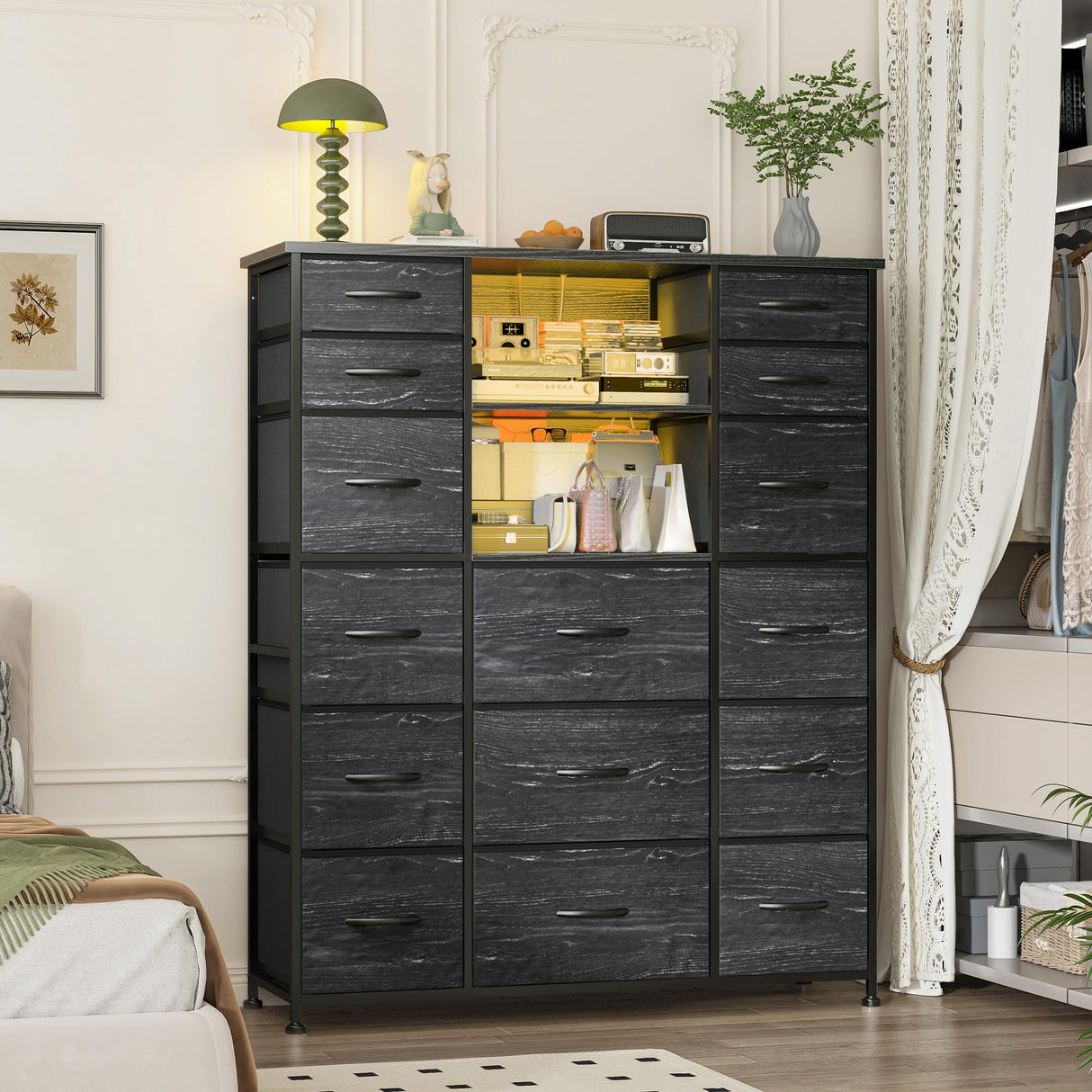 EnHomee 51" H Tall Dresser with 15 Drawers Dresser for Bedroom with Charging Station & LED Lights & Hutch Sturdy Black Bedroom Dressers, Steel Frame, Wood Top, 51.2" H x 39.3" W x 11.8" D EnHomee