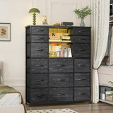EnHomee 51" H Tall Dresser with 15 Drawers Dresser for Bedroom with Charging Station & LED Lights & Hutch Sturdy Black Bedroom Dressers, Steel Frame, Wood Top, 51.2" H x 39.3" W x 11.8" D EnHomee