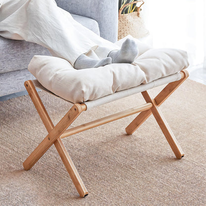 foriy Bamboo Folding Footrest Stool Wood Camping Stools 21x14 in Small Ottoman Foot Rest for Sofa Modern X Ottoman Chair with Cushion Padded Napping Footrest for Living Room Bedroom Office