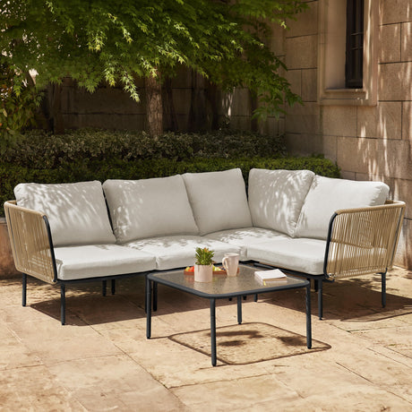 EAST OAK 5-Piece Modular Patio Furniture Set, Outdoor Corner Sofa with Thick Cushion and Glass Coffee Table, Modern Patio Conversation Set for Garden, Backyard and Porch, Creamy Apricot & Griege EAST OAK
