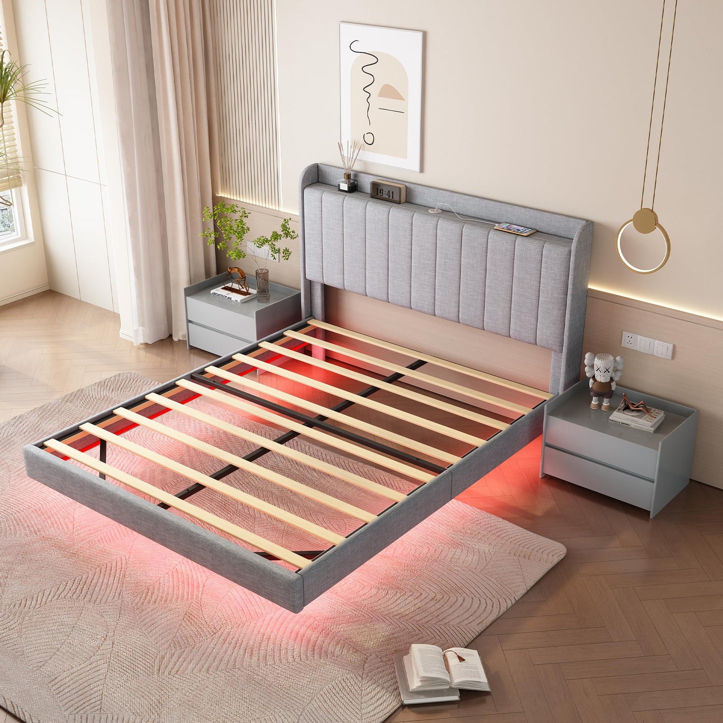 Acosure Floating Bedframe Queen Size with Remote Control LED Lights on APP,Mental Platform Bed W/Wood Slats Support,Easy Assembly,Elegant Furniture for Bedroom Guest Room Apartment,Light Grey