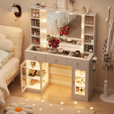 HUANLEGO White Vanity Desk with Mirror and Lights, Glass Top Vanity with Lighted Mirror & RGB Glass Cabinet and 3 Drawers, Makeup Vanity Desk with Lights Dressing Table for Bedroom, 3 Color Modes HUANLEGO