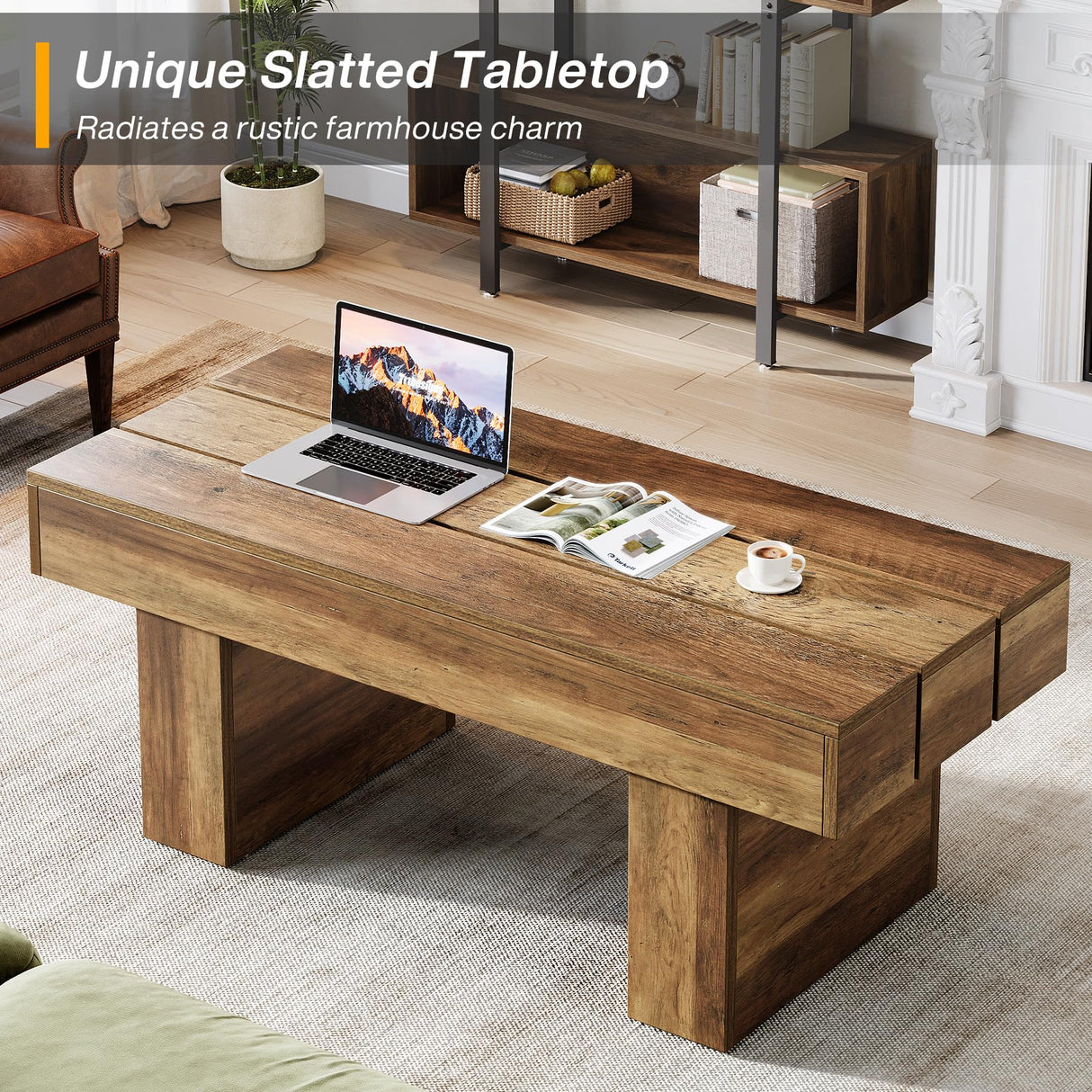 Tribesigns Rectangle Coffee Table, 47.24" Farmhouse Center Table with Slat Tabletop & Thick Base, Rustic Wooden Cocktail Tea Table for Living Room Apartment, Brown Tribesigns