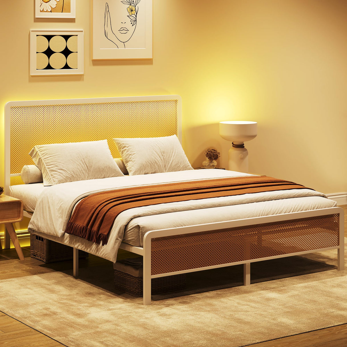 GAOMON Queen Size Bed Frame with LED Lights and Rattan Headboard, Modern Rattan Platform Bed, Heavy Duty Bed Frame with Metal Slat Support, No Box Spring Needed, Easy Assembly, White GAOMON