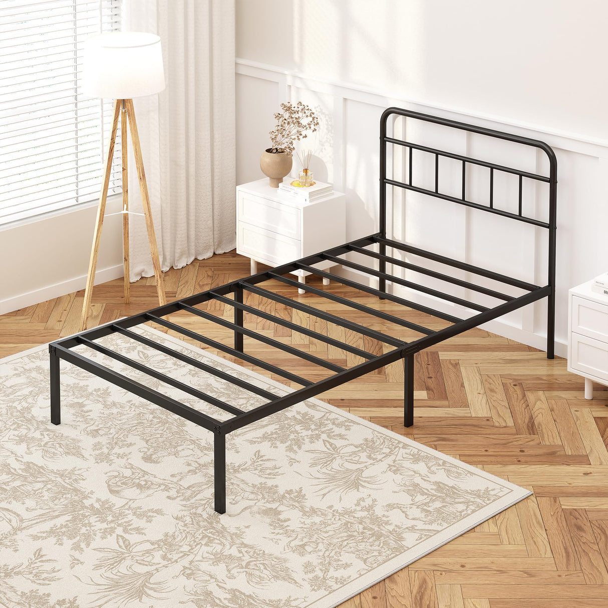 Kujielan 12 inches Twin Size Bed Frame with Minimalist headboard,Metal Platform Base with Strong Metal Slats,Mattress Foundation for Under Bed Storage,Easy Assembly,Black Kujielan