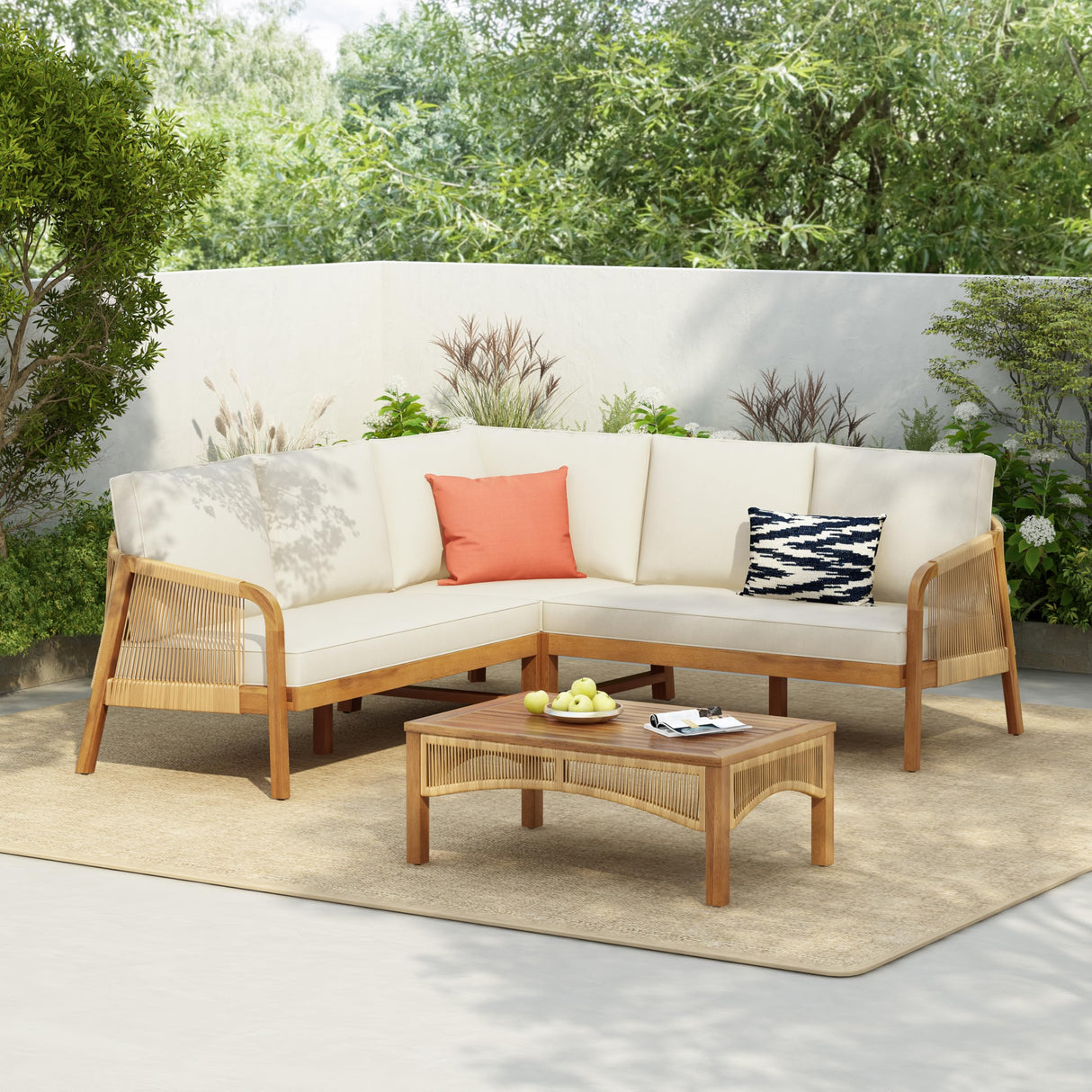 Merax 4-Pieces Outdoor Acacia Wood Patio Sectional Sofa Set, L Shape Couch with Coffee Table, Deep Seating with Soft Cushion, for Garden, Teak+ Beige Merax