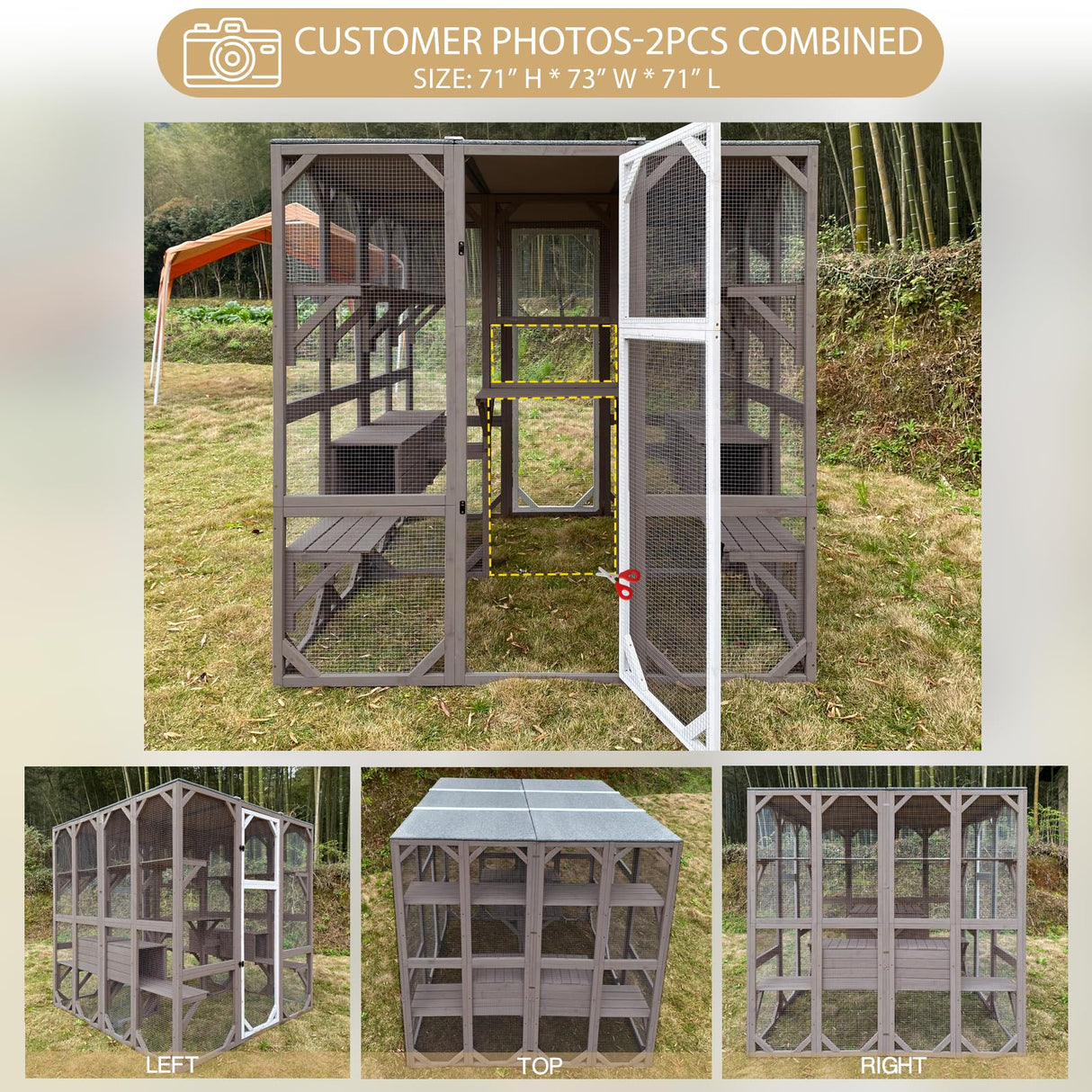 PetsCosset 71" Catio Outdoor Cat Enclosure, Extral Large Wooden Outdoor Cat House Enclosure Kitty, Outdoor Catio House Weatherproof Walk-In Catio with Large Enter Door, Platforms-Combinable-73"W 71"H PetsCosset