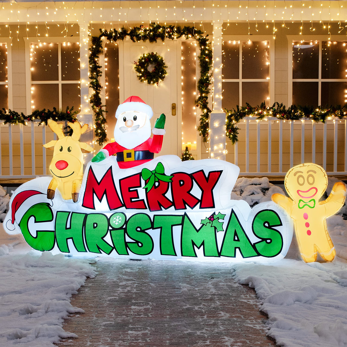 Joiedomi 9.5 FT Christmas Inflatable Merry Christmas Sign with Santa, Reindeer & Gingerman, LED Lit for Outdoor Yard Garden Lawn Winter Decor Joiedomi