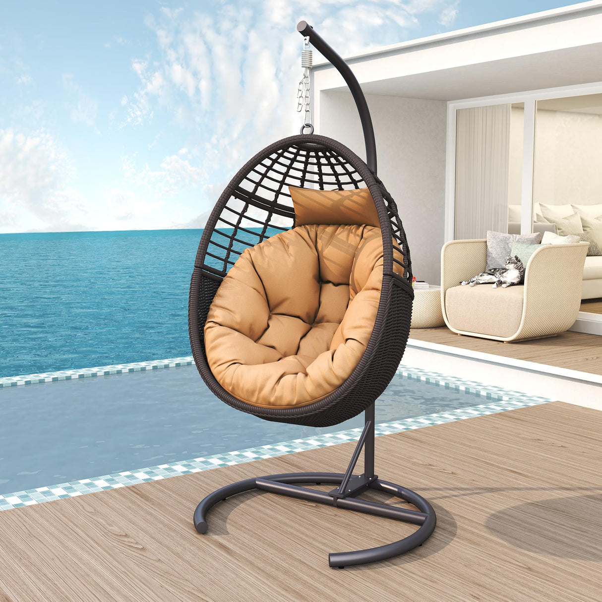 TWT Hanging Egg Chair with Stand, 330lbs Capacity Patio Wicker Egg Swing Chair with UV Resistant Cushion for Bedroom Garden Indoor Outdoor (Dark Brown) TWT