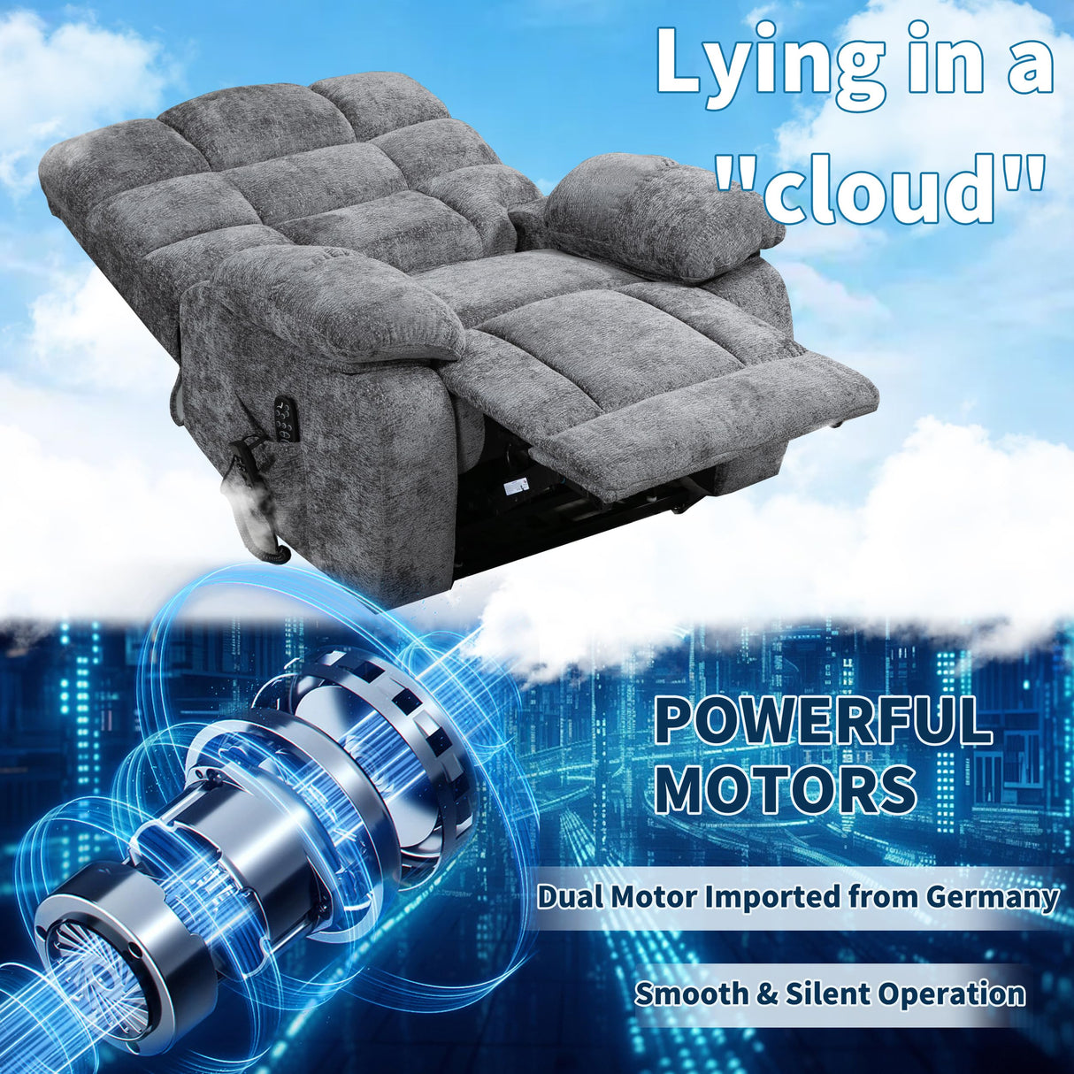 EZZUP Power Lift Recliner Chair for Elderly People, Lay Flat Recliner with Vibration Massage and Lumbar Heating, Lift Chair with Infinite Position and 2 Remote Controls, Chenille Fabric Gray EZZUP