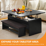 Homiflex Coffee Table Lift Top, 40'' Multi-Function Coffee Table Set with Bench & Hidden Compartment, Center Table w/Curved Corner, Converts to Home Office Table, Dining Table for Living Room, Black Homiflex