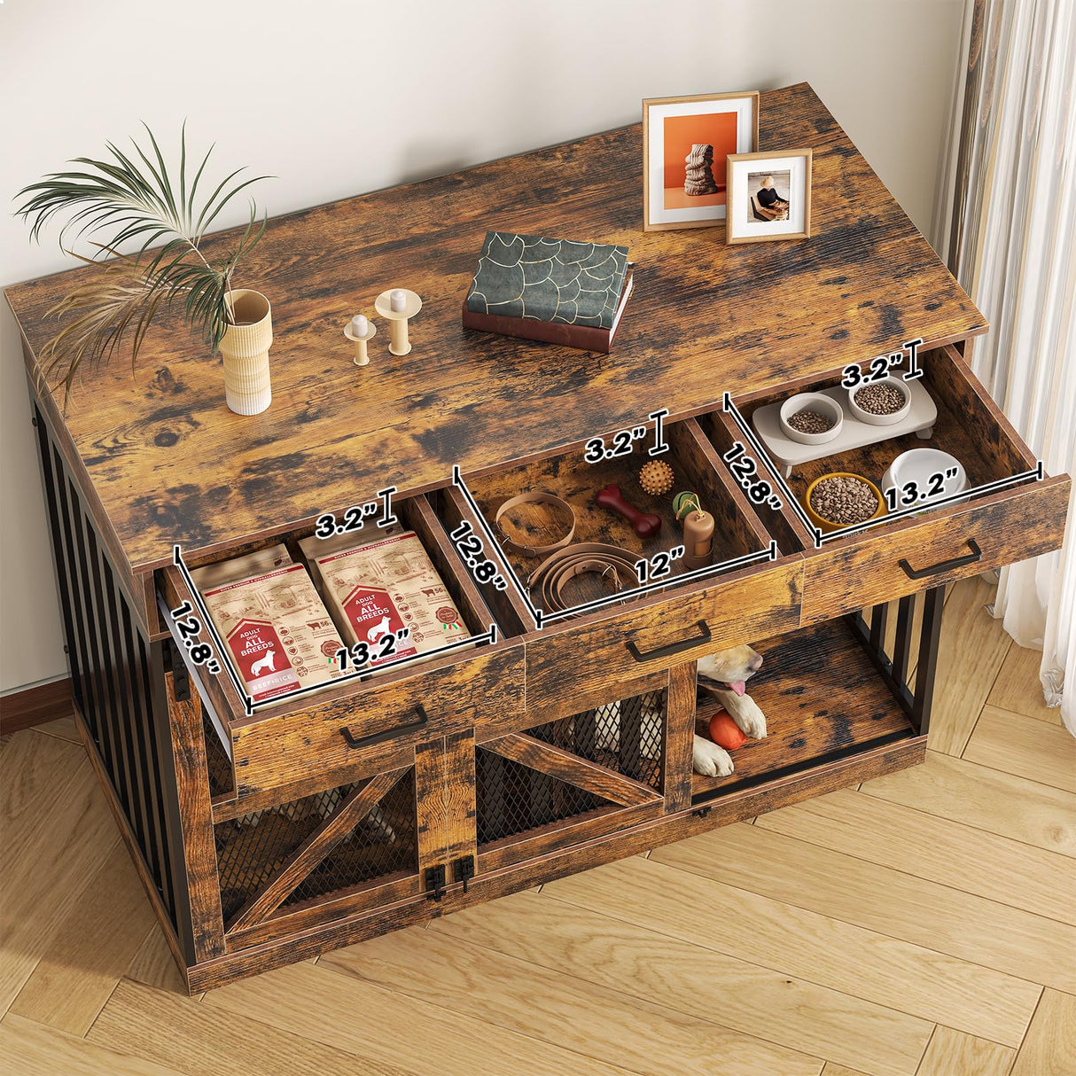 Saudism 2-in-1 Farmhouse Dog Crate Furniture - Wooden Large Dog Kennel with Drawers Storage - Double Doors - Indoor TV Stand - Inner Height: 24 Inches - Ideal for One Big Dog or Two Small Dogs Saudism