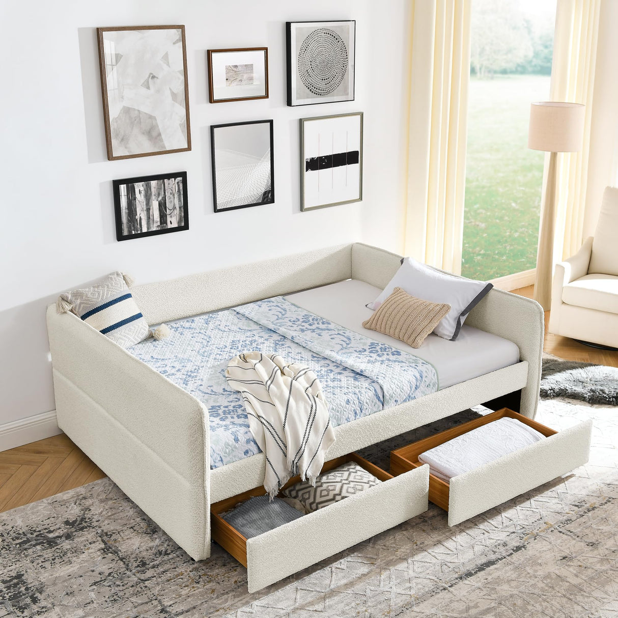KEIKI Queen Size Boucle Upholstery Daybed with 2 Drawers, Modern Style Tufted Corner Sofa Bed Frame with Solid Wooden Slats, Easy Assembly, No Box Spring Required, for Living Room, Bedroom, Beige KEIKI