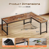 Huuger 63 Inch L Shaped Desk with Power Outlets and USB-C Port, 0.95 Inch Thicker Desktop, Reversible Computer Desk, Larger Office Corner Gaming Desk, Metal Frame, for Home Office, Study, Rustic Brown Huuger