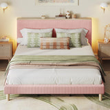 Bestier King Corduroy Upholstered Bed Frame with Adjustable Vertical Channel Headboard, LED Platform Bed with Storage Shelf, Solid Wood Leg & Slat Support, No Box Spring Needed, Never Squeaks, Pink Bestier