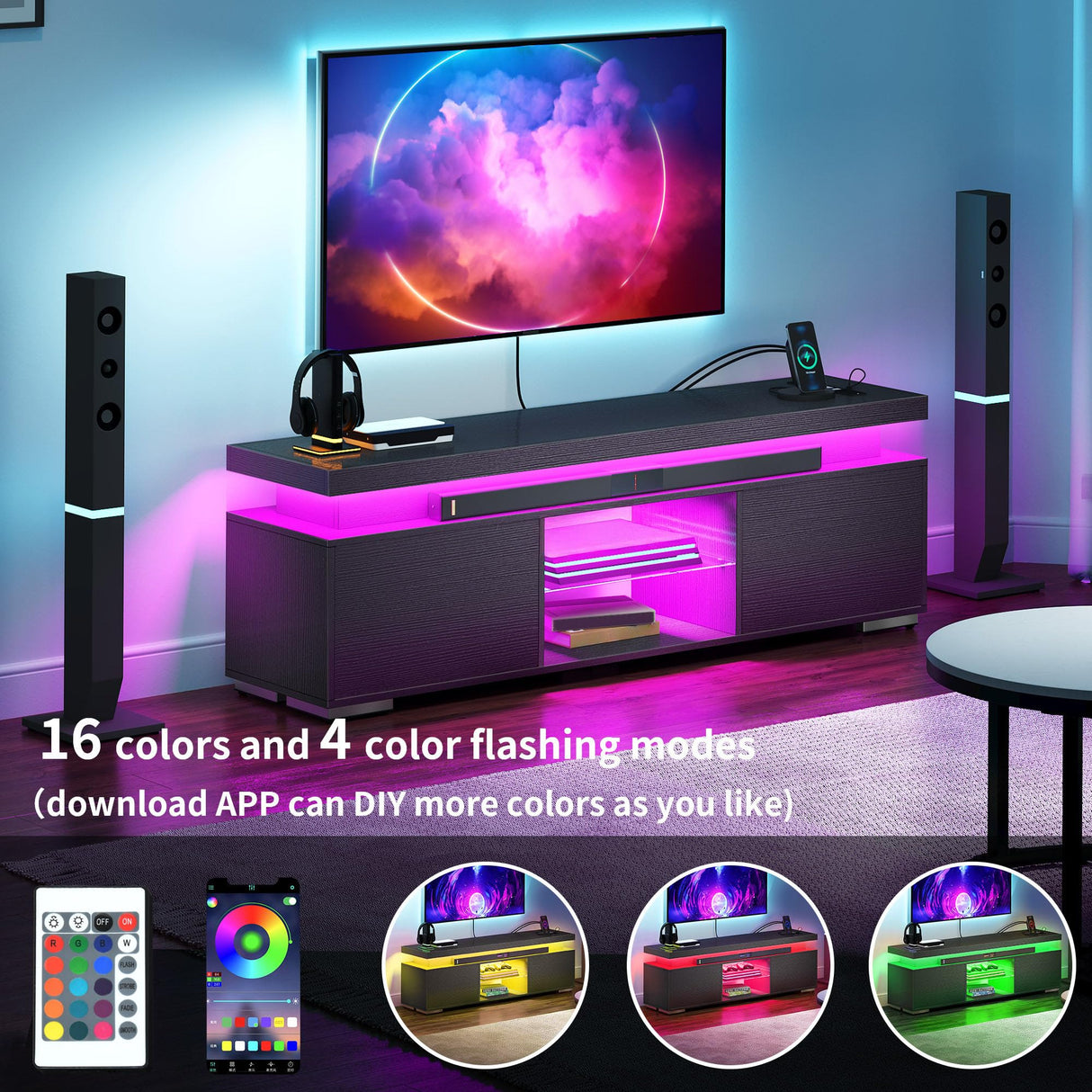 YITAHOME Black TV Stand for 65 inch TV, Entertainment Center with Storage, Modern LED TV Stand w/Power Outlets for Living Room, TV Console Media Cabinet, Black YITAHOME