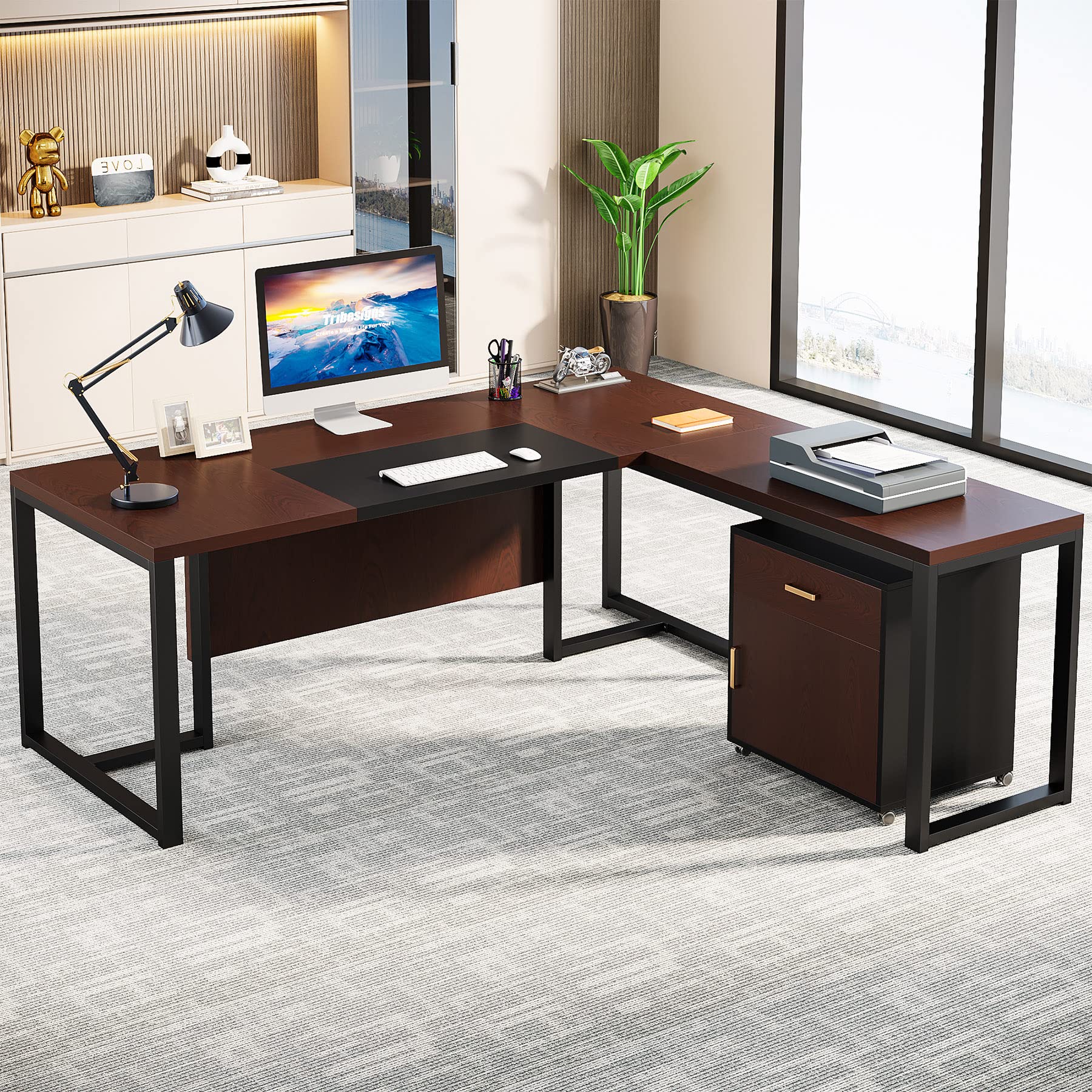 Tribesigns 70.8" L-Shaped Executive Desk with Drawer Cabinet, Large Executive Office Desk with Separate File Cabinet, Home Office Desk Workstation Business Furniture Set, Dark Walnut - WoodArtSupply