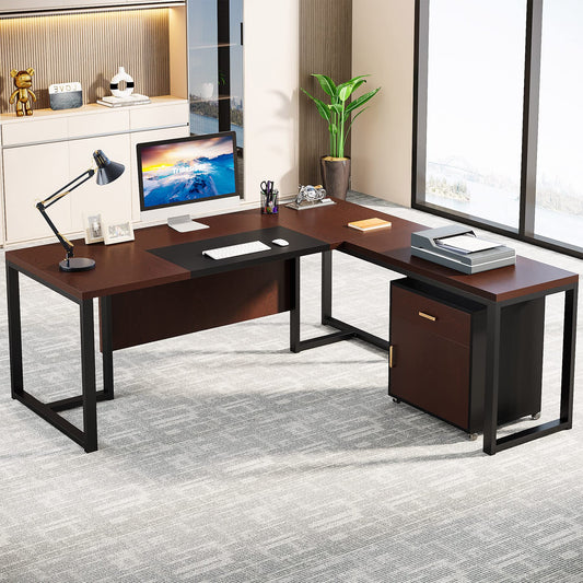 Tribesigns 70.8-Inch Executive Desk with File Cabinet, Large L Shaped Computer Desk with Storage Cabinet, L Shaped Desk with Drawer Cabinet, Dark Walnut & Black - WoodArtSupply