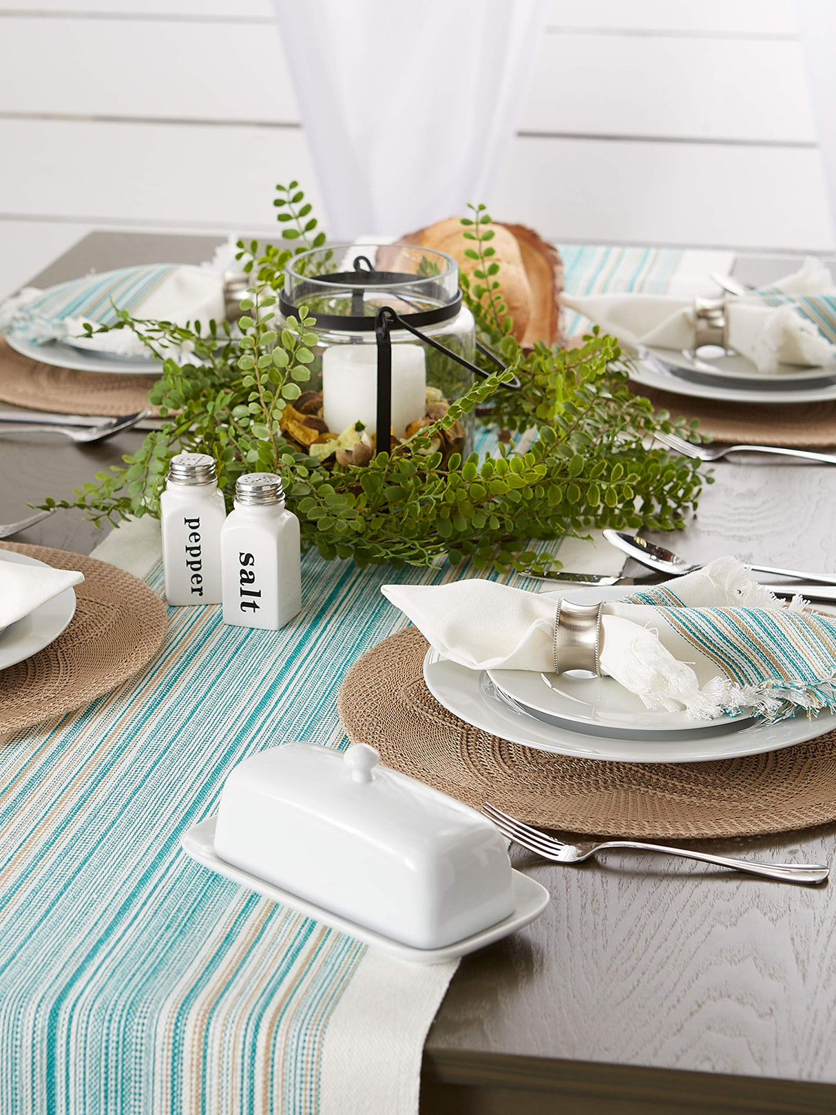 DII Everyday Collection Fringed Stripe Tabletop, Table Runner, 14x72, Teal DII