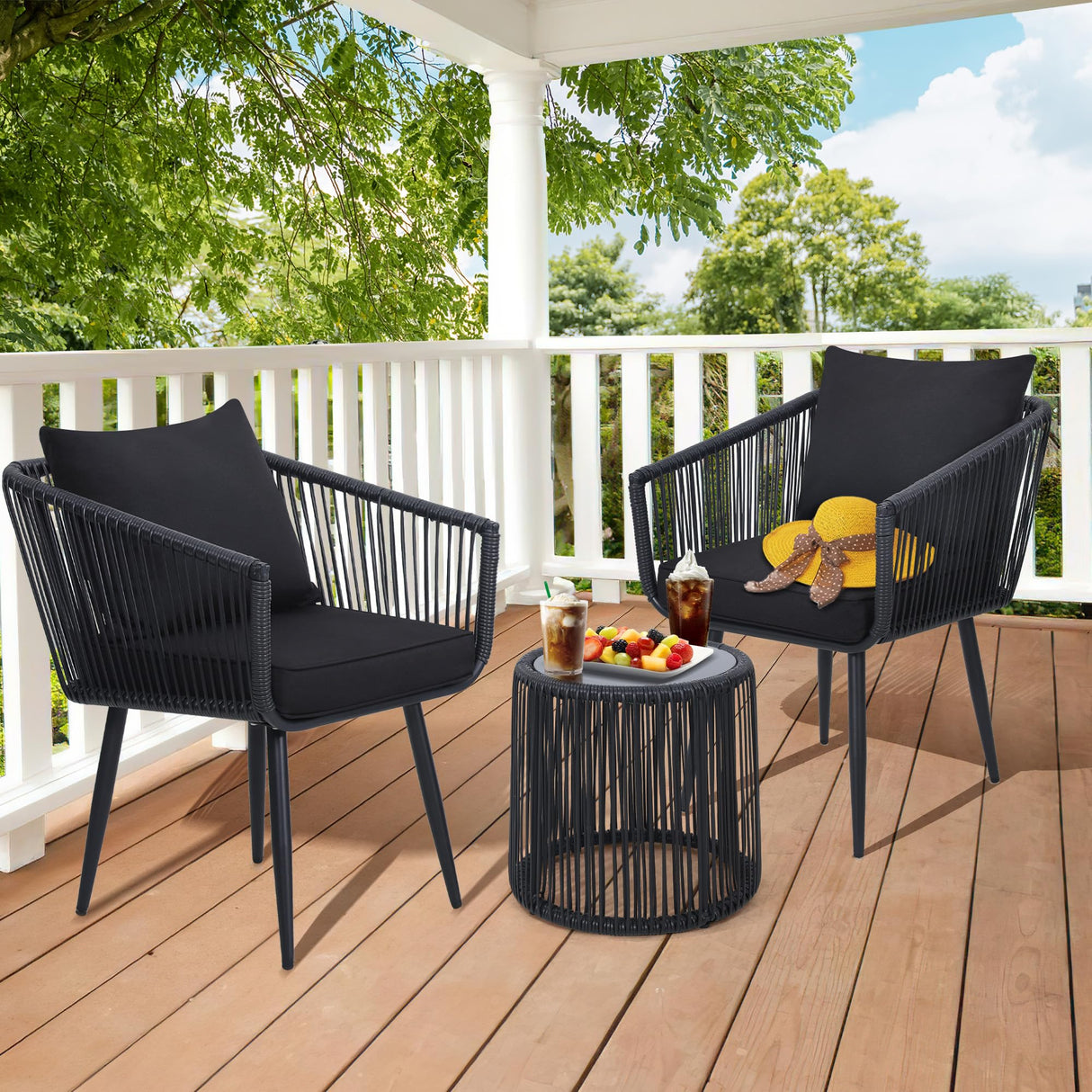 Kromax 3 Pieces Patio Rattan Bistro Conversation Set, Outdoor All-Weather Wicker Furniture Chairs and Side Table Set Ideal for Balcony, Porch and Backyard, Black Kromax