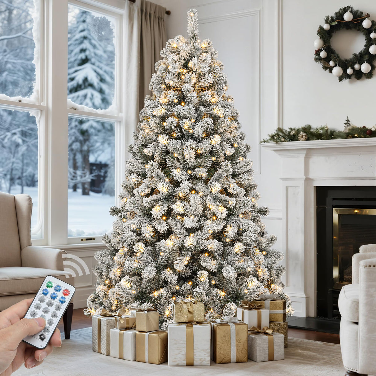 GOOBED Prelit Flocked Christmas Tree 6FT w/Remote, Prelit Snow Flocked Artificial Xmas Tree w/ 1000 Branch Tips & 250 Lights, Foldable Base for Homes Restaurants, Malls, Hotels, and Holiday Decor GOOBED