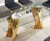 SSLine Modern 9-Piece Glass Dining Table Set for 8 Luxury Gold Glass Kitchen Table and Chair Set for 8 Elegant 70" Large Dining Room Table with 8 Beige Tufted Chairs with Stainless Steel Base SSLine