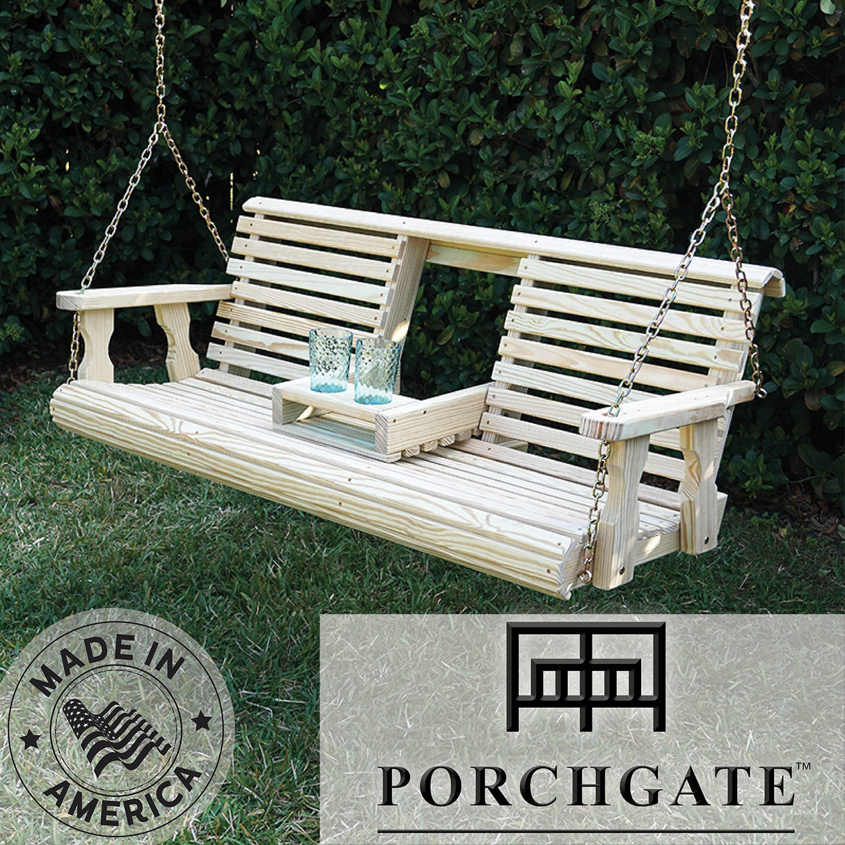 Porchgate Amish Heavy Duty Console Porch Swing with Fold Down Cup Holders in Unfinished - Amish Made in The USA from Treated Pine, Hanging Chains Included Porchgate