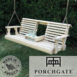 Porchgate Amish Heavy Duty Console Porch Swing with Fold Down Cup Holders in Unfinished - Amish Made in The USA from Treated Pine, Hanging Chains Included Porchgate