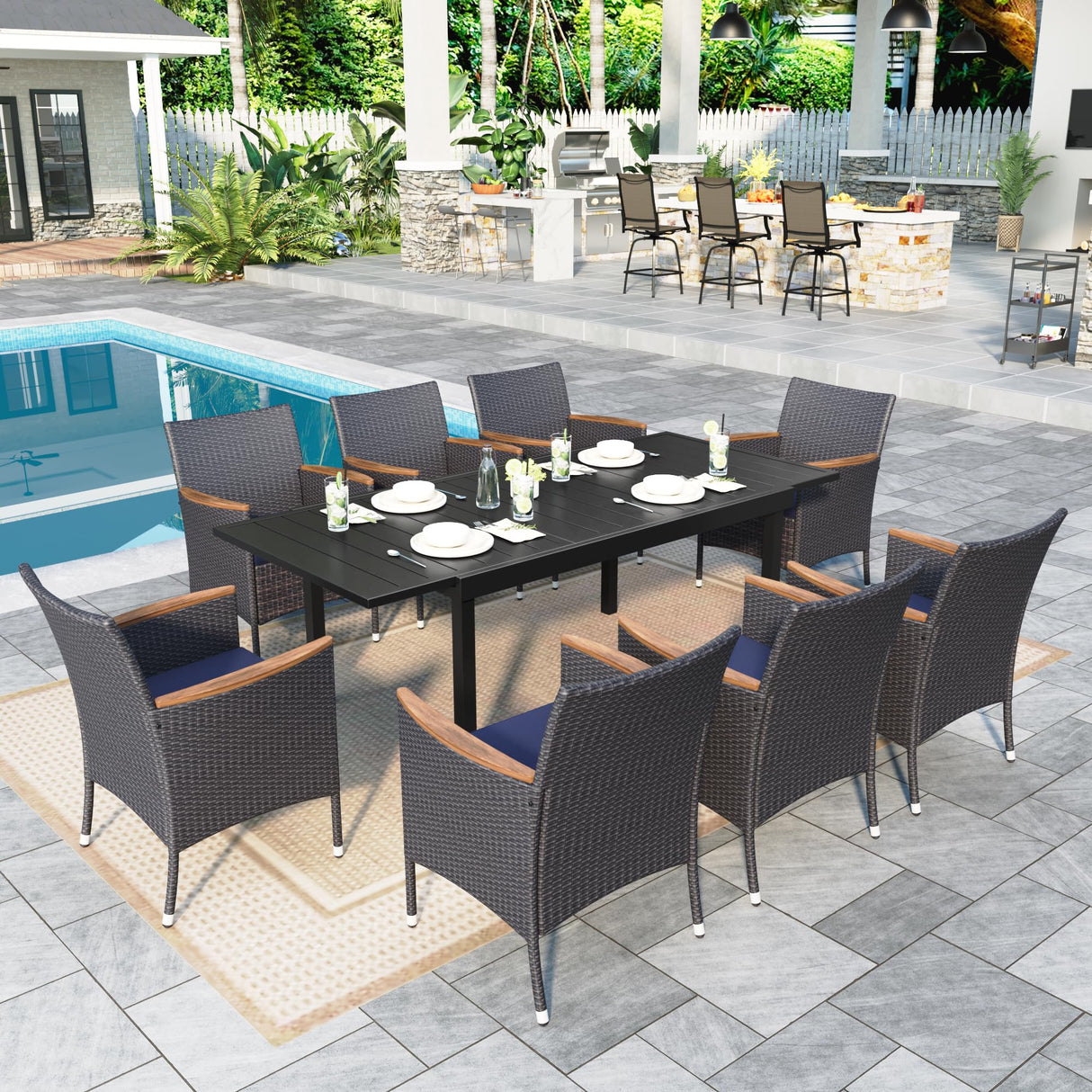 Sophia & William 9 Pieces Expandable Outdoor Dining Set for 8 People, Extendable Patio Dining Set with Metal Patio Table and 8 Rattan Chairs, Large Outdoor Dining Furniture Set for Porch Garden Sophia & William