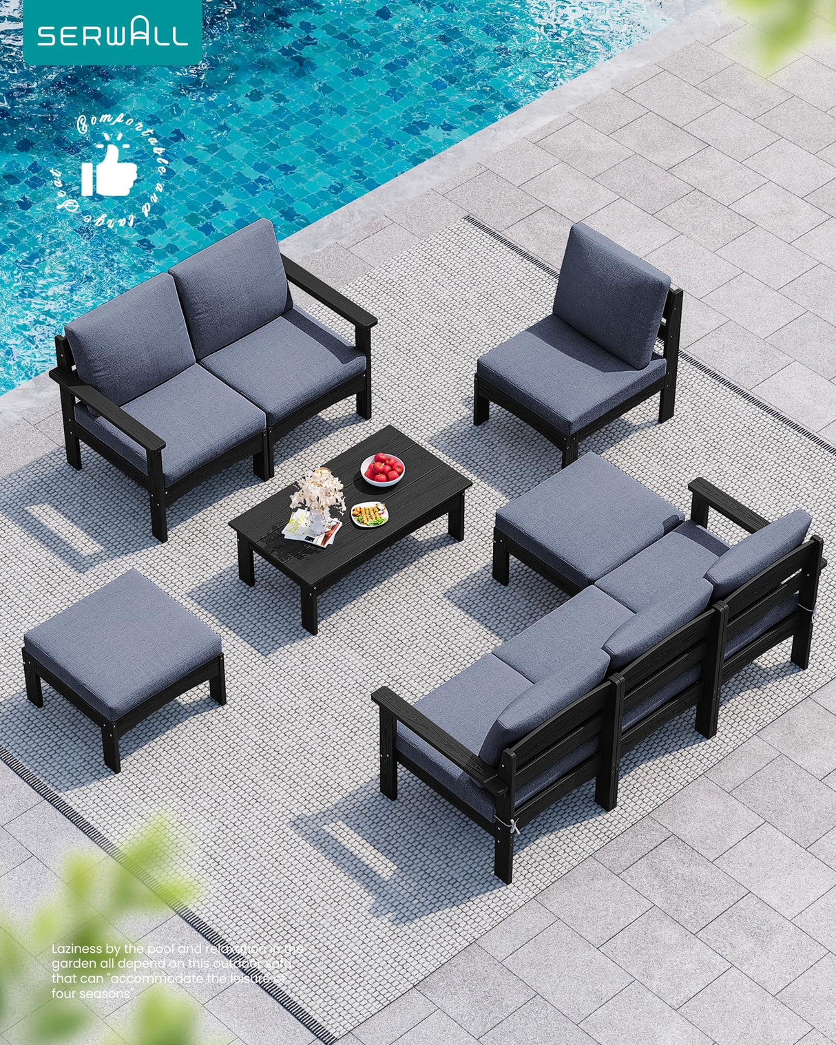 SERWALL 9 Pieces Patio Sofas, All-Weather HDPE Outdoor Sectional Sofa with Cushions and Coffee Table, Extra-Large Modular Conversation Set for Patio, Garden, Deck, Grey Frame with Grey Cushion SERWALL