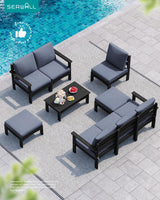 SERWALL 9 Pieces Patio Sofas, All-Weather HDPE Outdoor Sectional Sofa with Cushions and Coffee Table, Extra-Large Modular Conversation Set for Patio, Garden, Deck, Grey Frame with Grey Cushion SERWALL