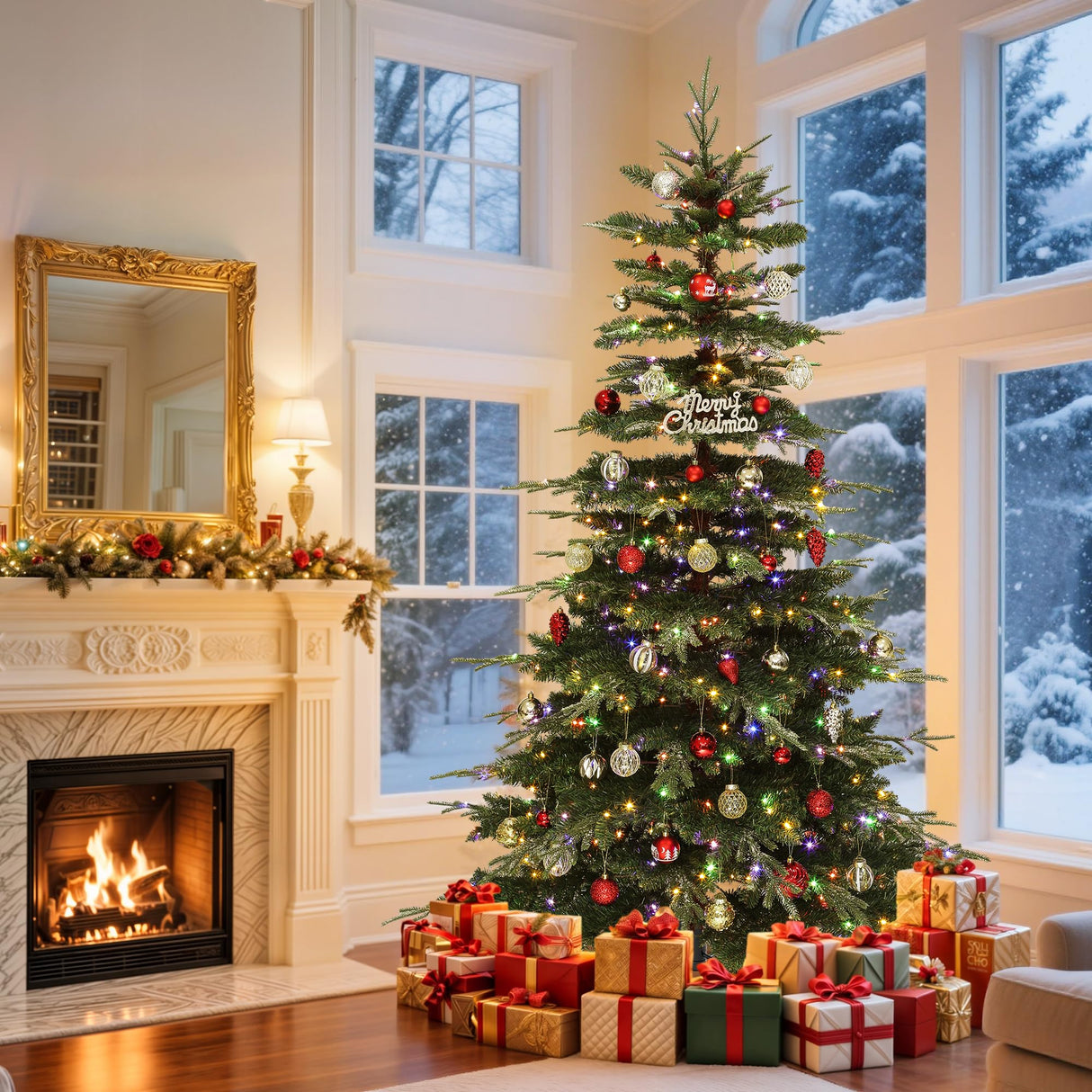 GOOBED Prelit Aspen Fir Realistic Christmas Tree 6.5ft with Remote Control, Pre-lit Hinged Xmas Tree with Glittering Diamond Tips, Holiday Decor for Holidays, Parties, Green GOOBED