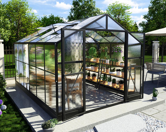 Albott 8x12x7FT Polycarbonate Greenhouse, Green House with Quick-Connect System, Walk in Greenhouse with 4 Vent Windows and Swing Lockable Door, Greenhouses for Outdoors, Sunroom Black