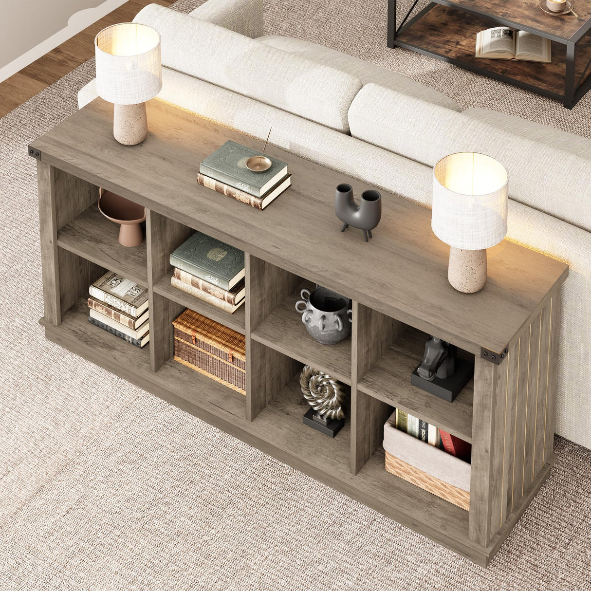 GarveeHome 8 Cube Storage Organizer Bookshelf, Farmhouse Horizontal Bookcase, 62 in Wood Storage Bookcase for Entryway, Long Low Bookshelves for Living Room (Grey, 8 Cube) GarveeHome