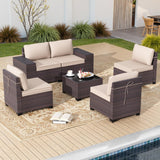 Gotland 6 Pieces Patio Furniture Set with 1 Coffee Table, 5 Seater Rattan Outdoor Sectional with Wide Armrests 29.5'' High Backrest Thick Waterproof Cushions, Conversation Sets for Deck Garden Khaki Gotland