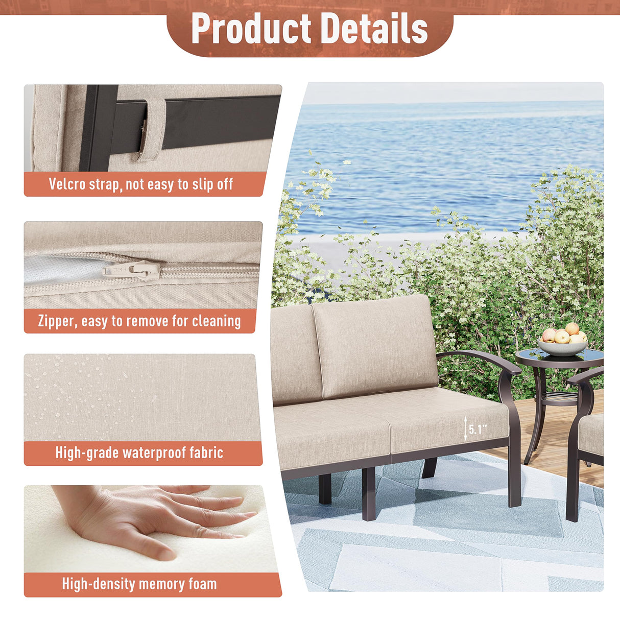 Kurapika Aluminum Patio Furniture Set 7-Seat Modern Metal Outdoor Conversation Sets w/Swivel Rocking Chairs Patio Sectional Sofa w/5.1 Inch Cushion, Sand Kurapika