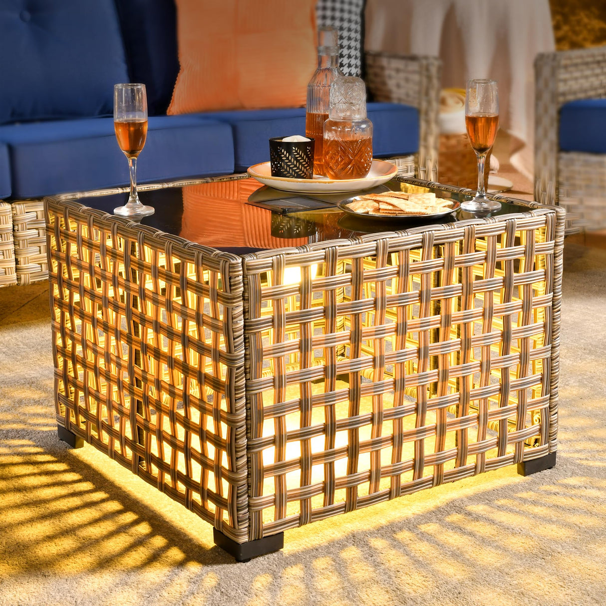 HOOOWOOO Patio Solar LED Lighting Table,Outdoor Wicker Coffee Table,All Weather Resistant Rattan Deck Lantern Side Table Matching Furniture(Beige Tan) HOOOWOOO