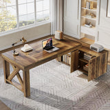Tribesigns Farmhouse 63-Inch Executive Desk, L-Shaped Boss Desk Home Office Desks with Storage Shelves and Cabinet, Large Business Furniture Set for Home Office, Brown Tribesigns