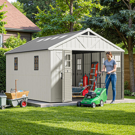 Patiowell 10 x 14 FT Outdoor Storage Shed, Plastic Shed with Floor and Skylight, Resin Storage Shed with Four-Window and Lockable Door for Garden, Patio, Backyard, Beige Patiowell