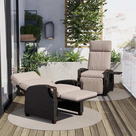 Grand patio Outdoor Recliner Air Pump 150° Lay Flat Reclining Chair with Independent Adjustable Back and Footrest Removable Olefin Cushion Flip-Up Table Wicker Beige 2PCS Grand patio
