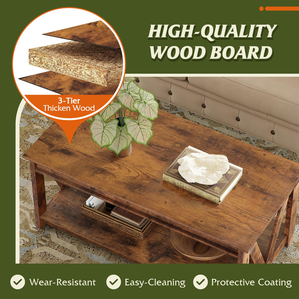 WLIVE Farmhouse Coffee Table,Living Room Table with Storage,43 in Wood Center Table with V-Shaped Frame for Home Office,Apartment,Rustic Brown WLIVE